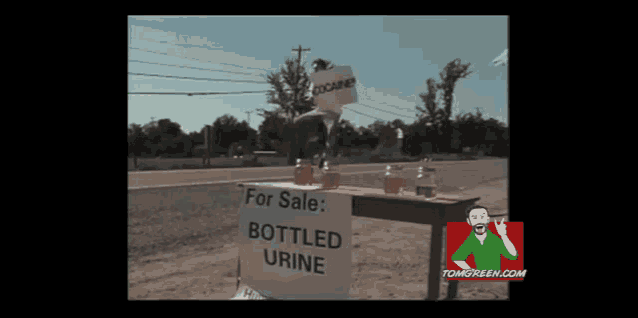 a sign that says for sale bottled urine next to some bottles