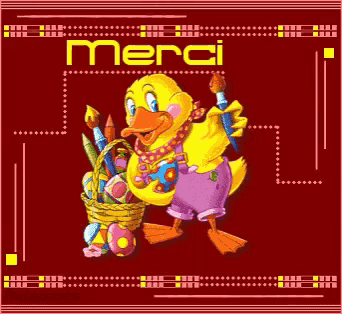 a duck holding a brush and a basket of easter eggs on a red background with the word merci
