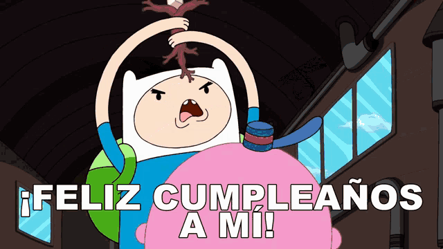 a cartoon character with the words feliz cumpleanos a mi on the bottom