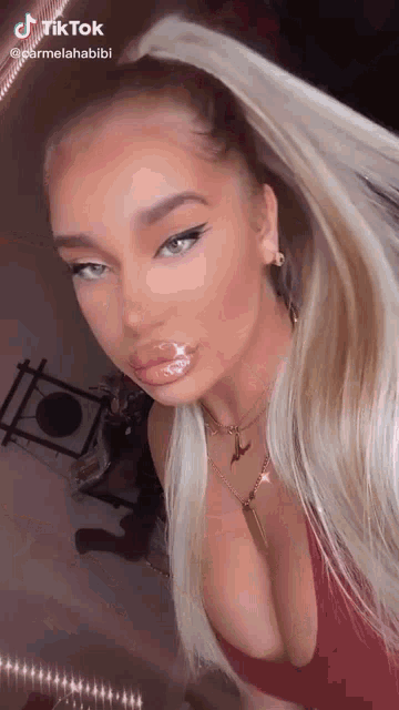 a woman with blonde hair and a ponytail is wearing a plunging red top and a necklace .