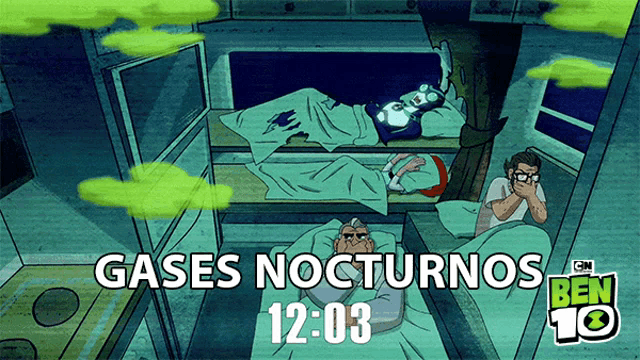 an advertisement for ben 10 gases nocturnos shows a cartoon scene