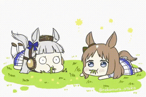 a cartoon of a horse and a girl laying in the grass . the horse is wearing headphones .
