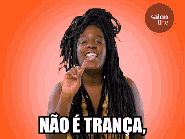 a woman with dreadlocks says " não e tranca " on an orange background