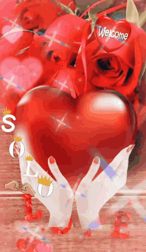 a red heart with a welcome sign on it