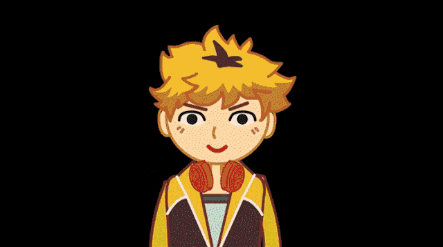 a cartoon character with headphones around his neck and a bird on his head