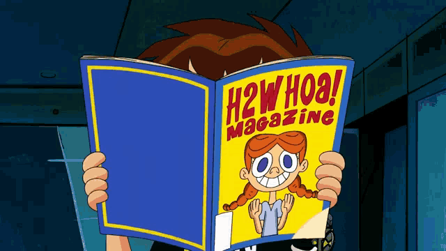 a cartoon character reading a magazine called h2w109