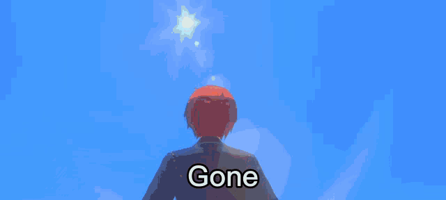 a cartoon character with red hair and purple eyes is waving his hand with the word gone below him