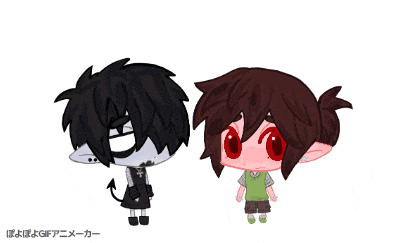 a cartoon drawing of a devil and a boy with red eyes and ears