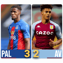 two soccer players are standing next to each other with the score of 32 to 2