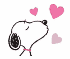 a drawing of snoopy blowing a kiss with pink hearts surrounding him .