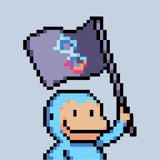 a pixel art drawing of a person holding a flag with the letter o on it