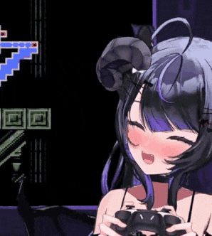 a girl with horns is playing a video game with a controller