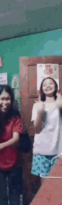 two girls are standing next to each other in a room .