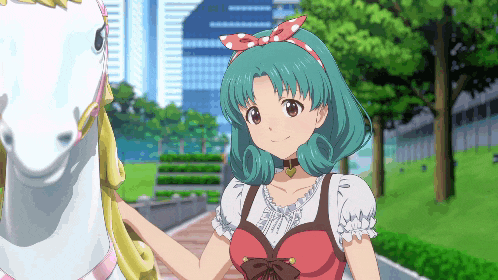 a girl with green hair is standing next to a white carousel horse