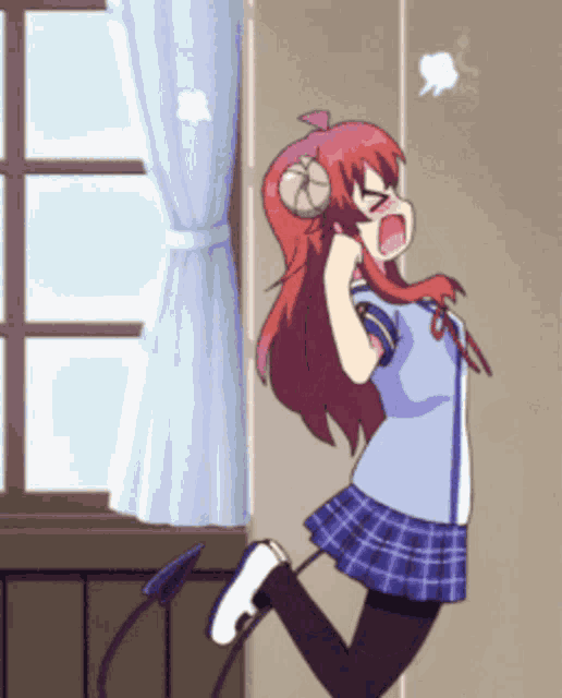 a girl with horns is standing in front of a window and screaming