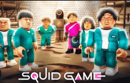 a group of people are standing next to each other in a room with the words squid game written on the bottom