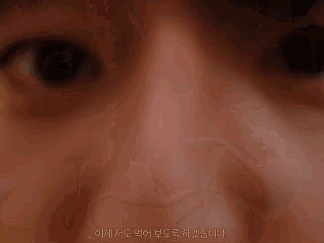 a close up of a person 's eyes with korean writing on the bottom right corner