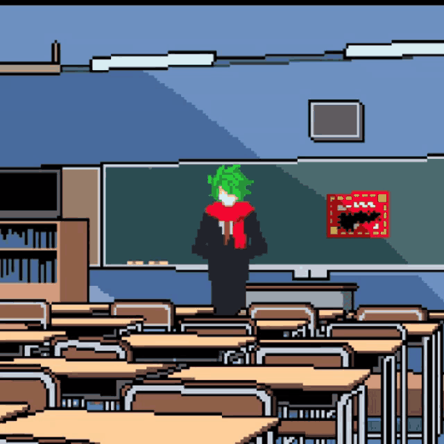 a pixel art of a person with green hair standing in front of a classroom
