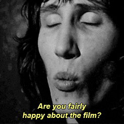 a close up of a woman 's face with the words are you fairly happy about the film