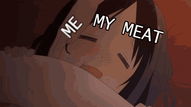 a girl laying down with the words " me my meat " written on her face