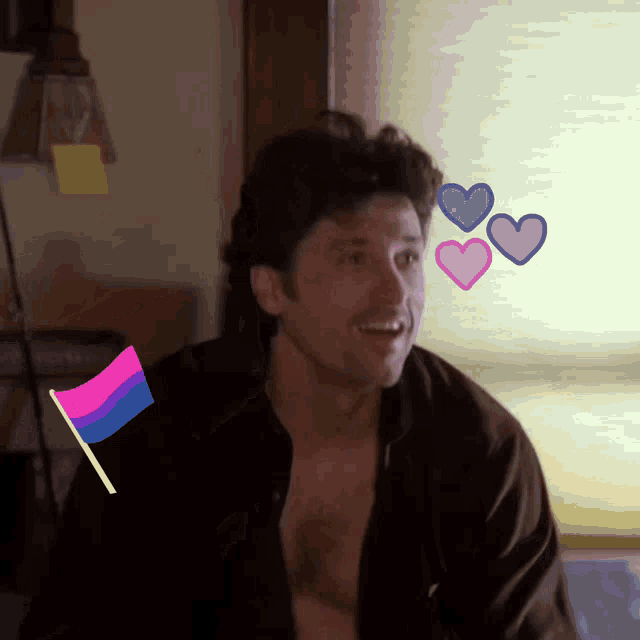 a man without a shirt is surrounded by hearts and a flag