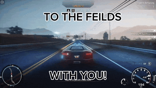 a car is driving down a road with the words to the feilds with you