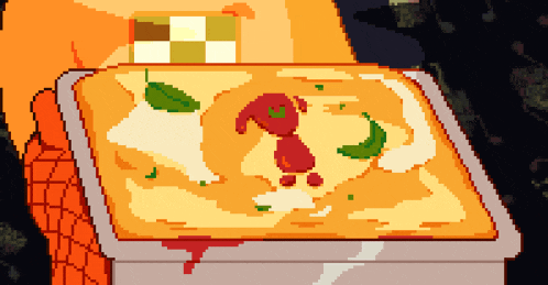 a pixel art drawing of a casserole dish with a red dog on it