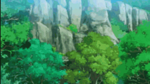 a painting of a forest with trees and rocks