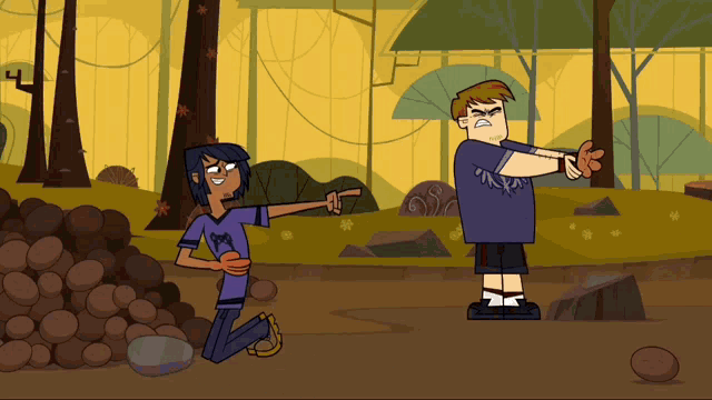 a cartoon shows a boy pointing at another boy who is kneeling