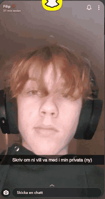 a young man wearing headphones has a snapchat story with the name filip