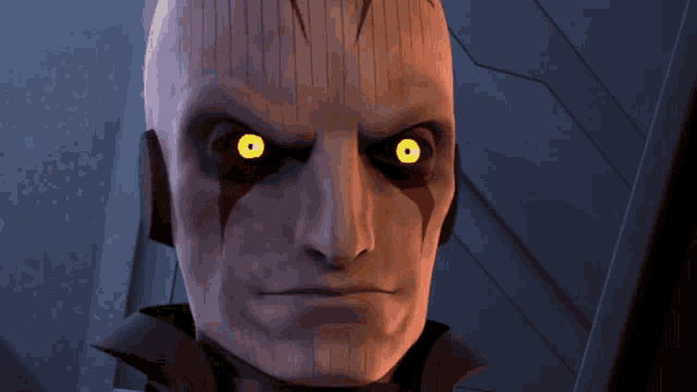 a cartoon character with glowing yellow eyes and the word welcome written on his face