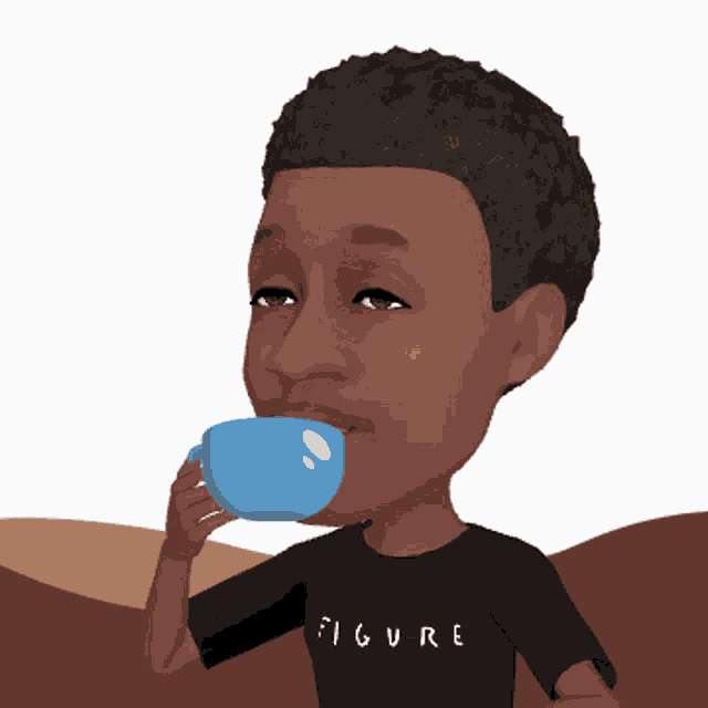 a cartoon of a boy drinking from a blue cup with the word figure on his shirt