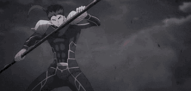 a person is holding a sword in their hand in a black and white anime scene .