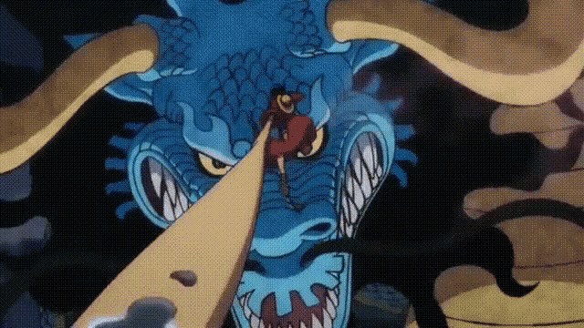 a cartoon of a man standing on top of a blue dragon .