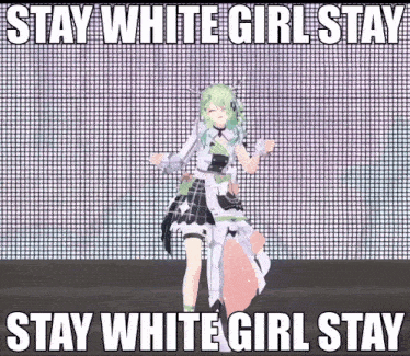 a white girl with green hair is standing in front of a screen that says stay white girl stay
