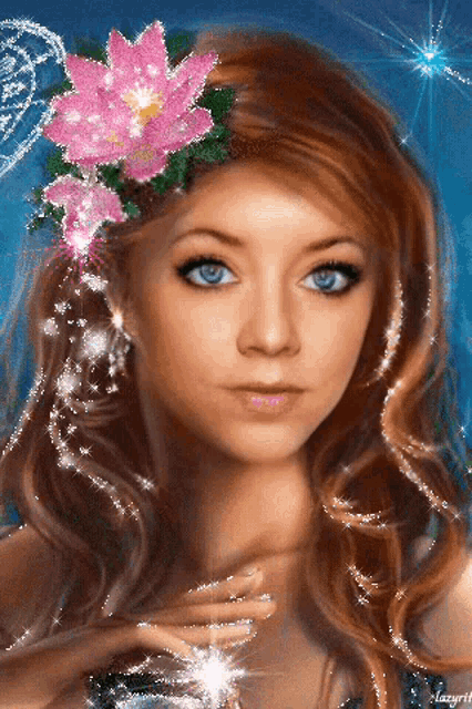 a woman with a flower in her hair has the name lazyrit on the bottom right