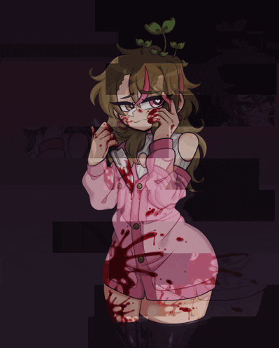 a drawing of a girl with blood on her face and a plant in her hair