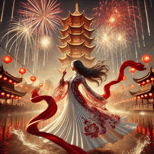 a woman in a red and white dress is dancing in front of a fireworks display
