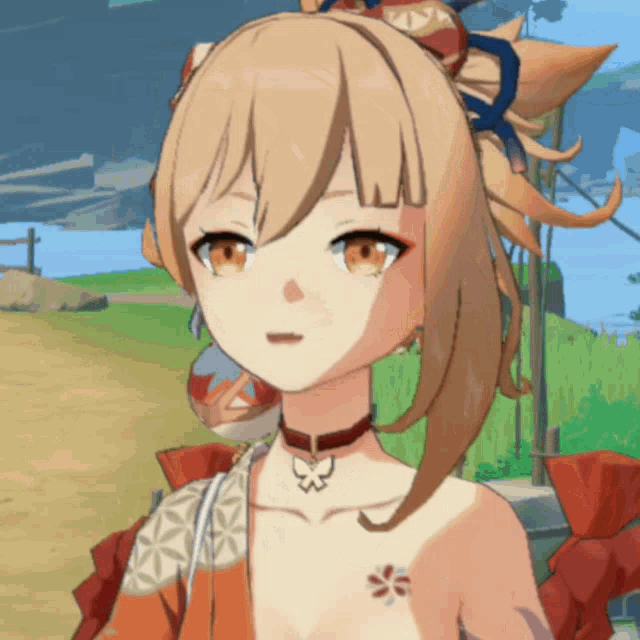 a close up of a girl 's face with a butterfly necklace