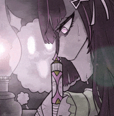 a drawing of a girl with purple hair smoking a hookah with the name momo on the bottom left
