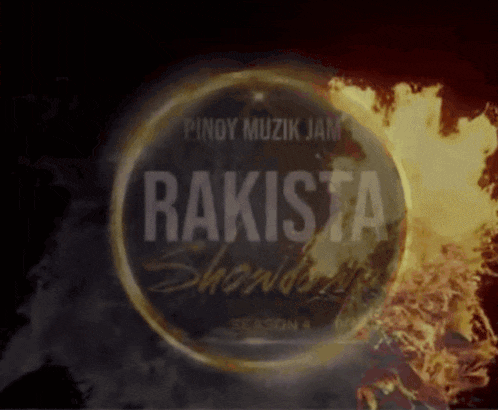 a logo for pinoy muzik jam rakista shows flames coming out of it