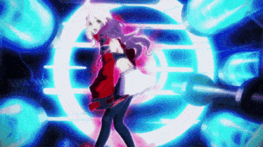 a girl in a red jacket is dancing in a circle of lights