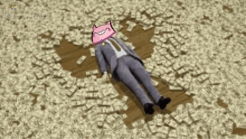 a man in a suit is laying in a pile of money with a pink cat on his head