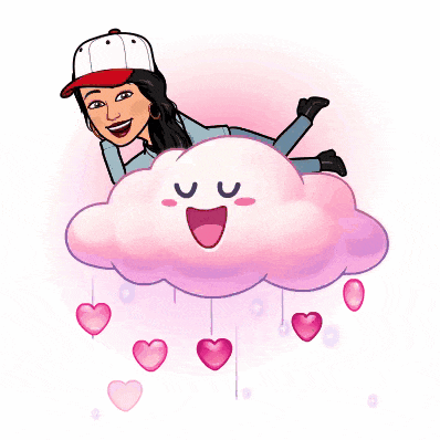 a cartoon of a woman laying on a pink cloud with hearts hanging from it