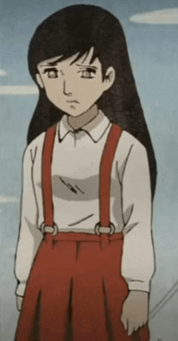 a girl in a white shirt and red suspenders stands in front of a blue sky