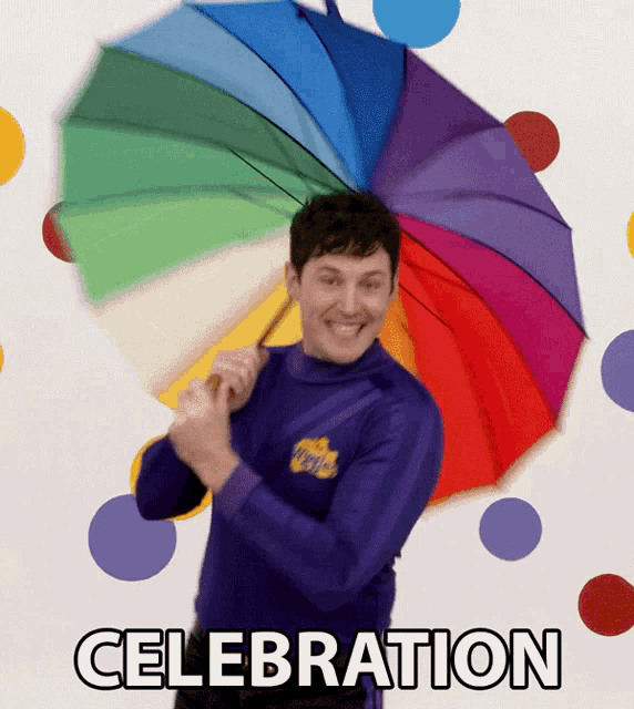 a man in a purple shirt is holding a rainbow colored umbrella and the word celebration is below him