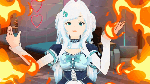 a girl with white hair and blue eyes is surrounded by flames