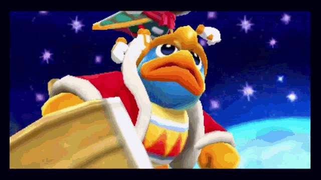 a cartoon character named dedede is wearing a red and white outfit