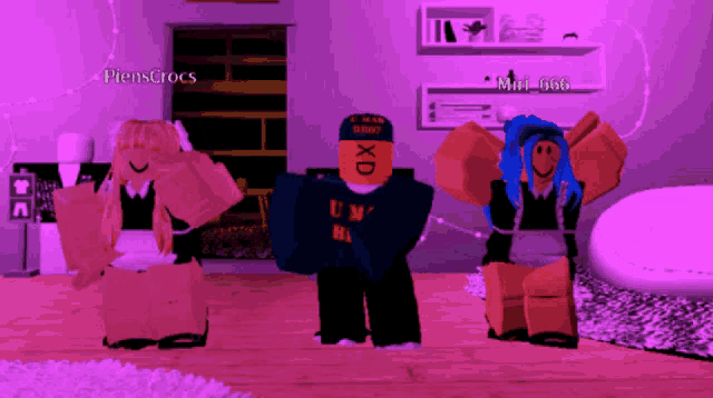 a group of roblox characters are standing in a room with the name pienscrocs in the corner