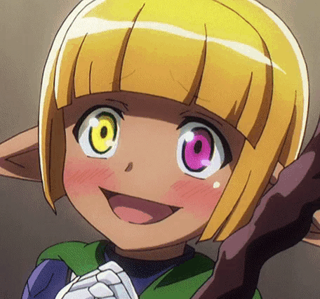 a cartoon character with yellow hair and pink eyes